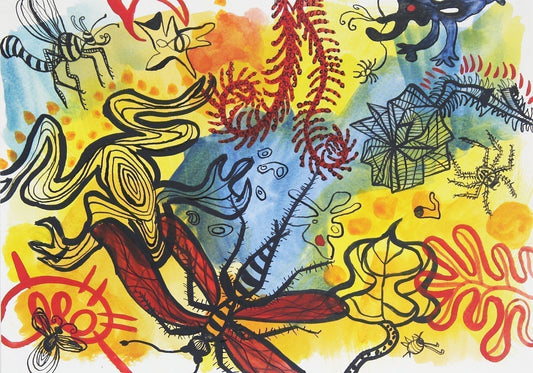 Playful 6 watercolour painting by Maria Pelton showing colourful creature inspired by mythic cave art