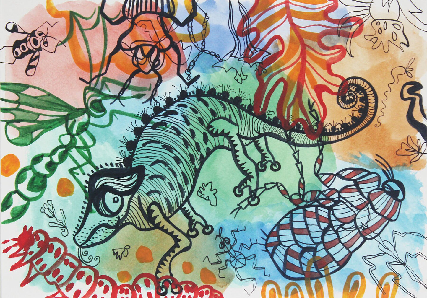 Playful 1 watercolour painting by Maria Pelton showing colourful creature inspired by mythic cave art