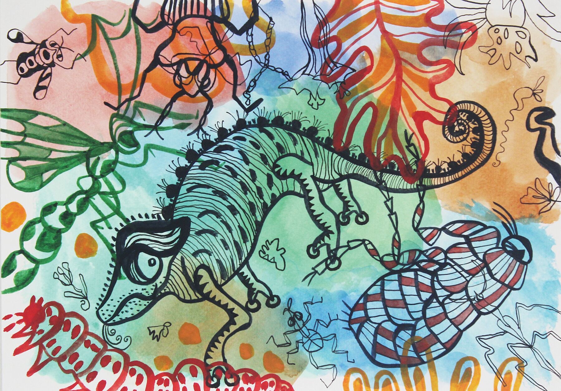 Playful 1 watercolour painting by Maria Pelton showing colourful creature inspired by mythic cave art