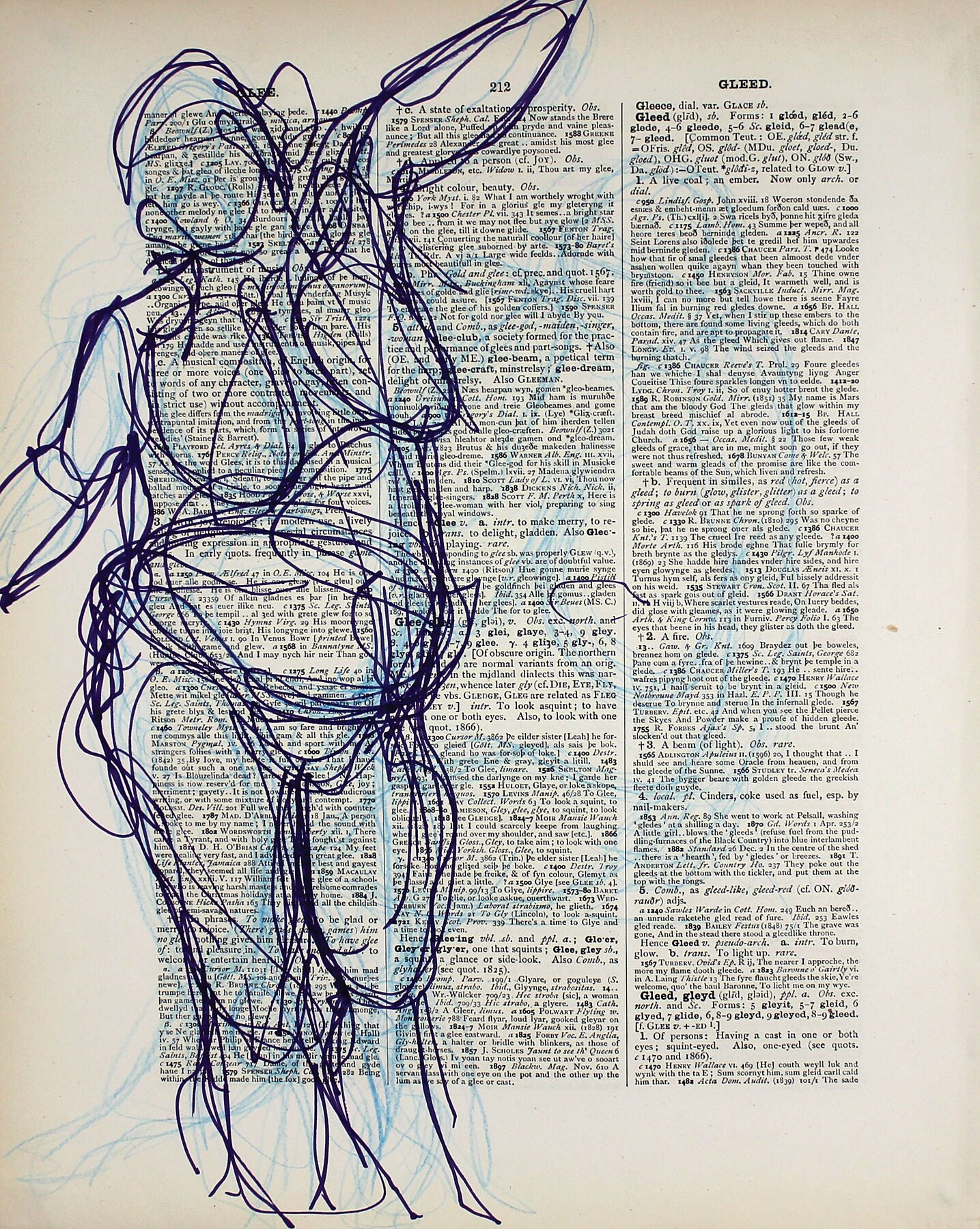 Glee Gleed original ink and pencil drawing, 26x33cm by Maria Pelton figurative drawing exploring language, text and visual communication inspired by the dictionary page. 

