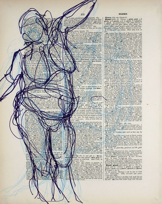 Glee Gleed original ink and pencil drawing, 26x33cm by Maria Pelton figurative drawing exploring language, text and visual communication inspired by the dictionary page. 

