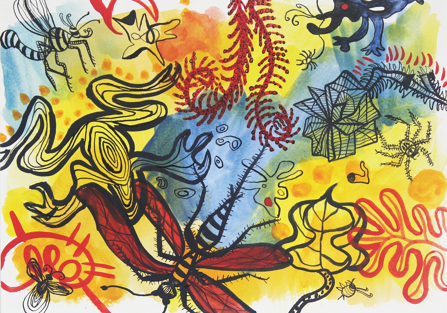 Playful 6 watercolour painting by Maria Pelton showing colourful creature inspired by mythic cave art