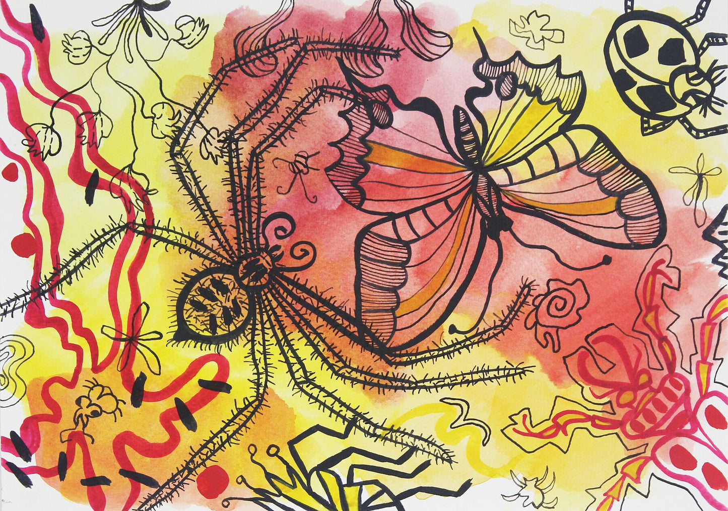 Playful 2 watercolour painting by Maria Pelton showing colourful creature inspired by mythic cave art