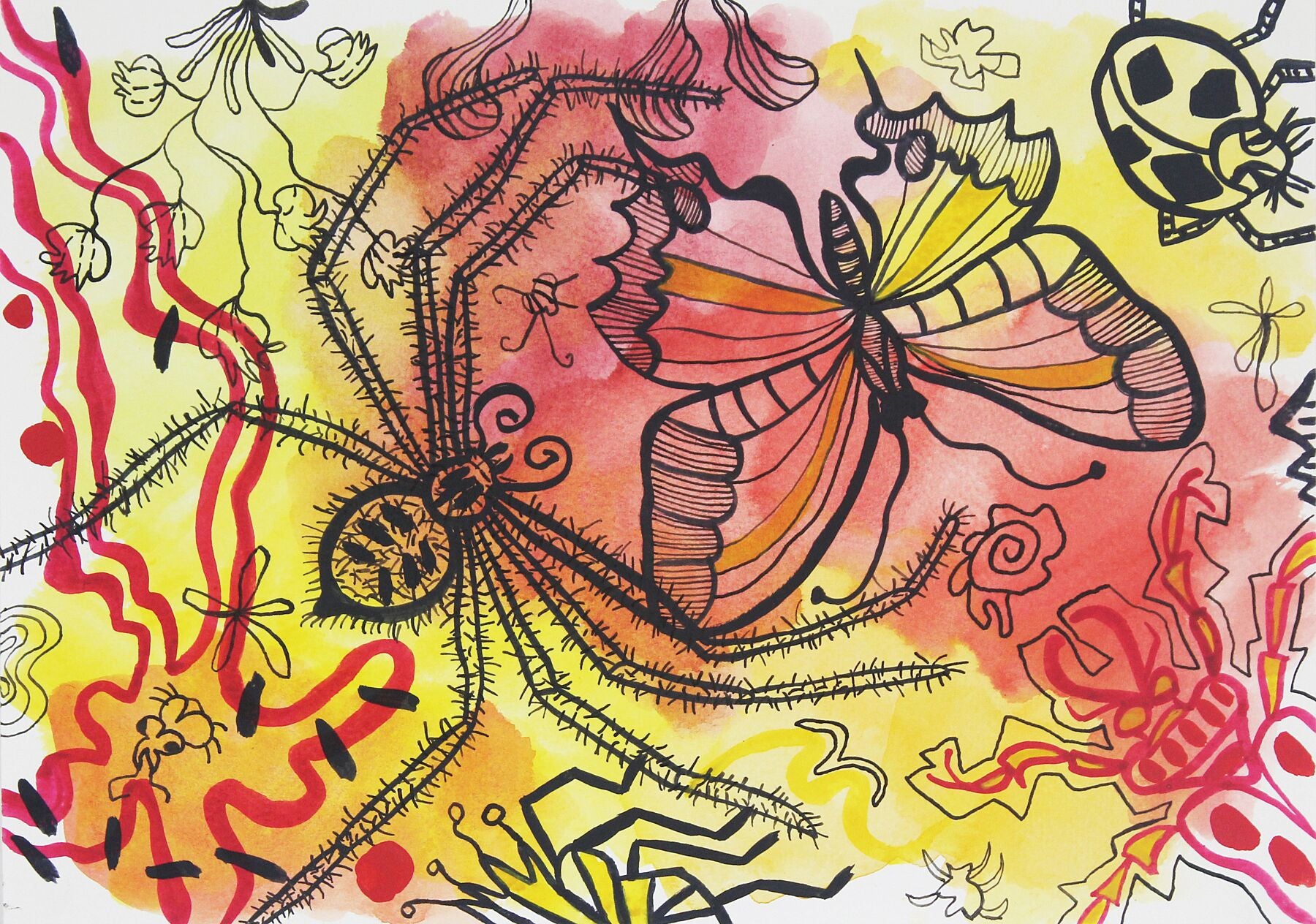 Playful 2 watercolour painting by Maria Pelton showing colourful creature inspired by mythic cave art