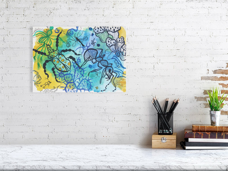 Playful 3 Giclée print A3 size by Maria Pelton showing colourful creatures inspired by mythic cave art
