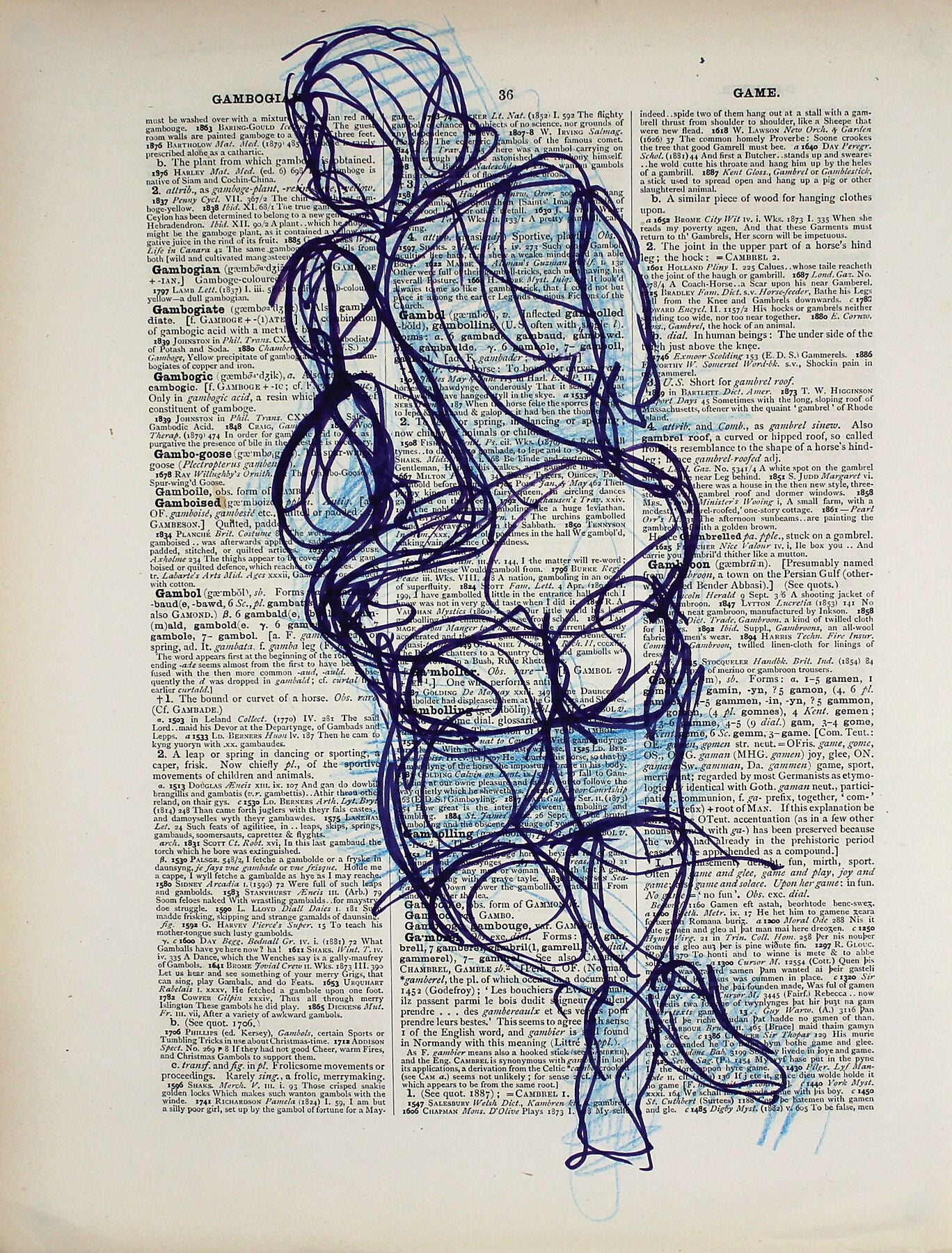 Game of Gambogian original ink and pencil drawing, 26x33cm by Maria Pelton figurative drawing exploring language, text and visual communication inspired by the dictionary page. 


