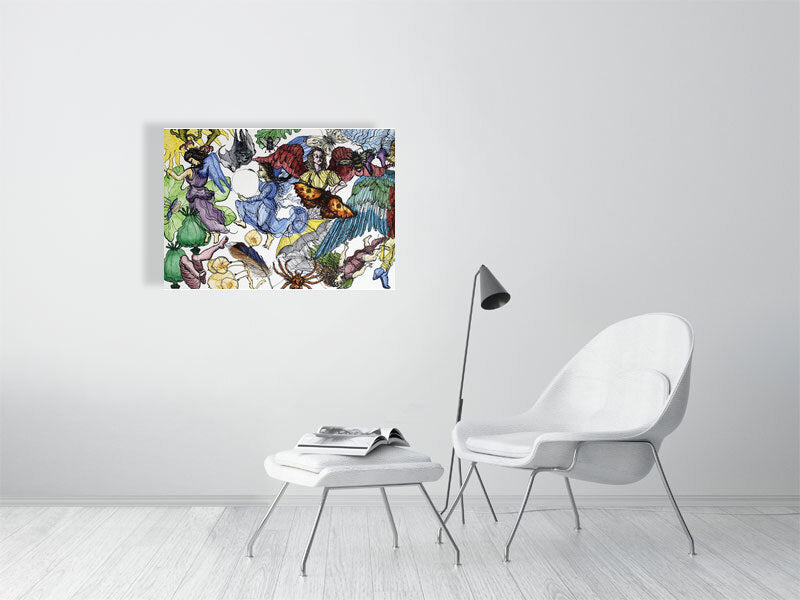 Ascent and Descent Giclée print A1 size by Maria Pelton showing airborne creatures inspired by movement and transformation