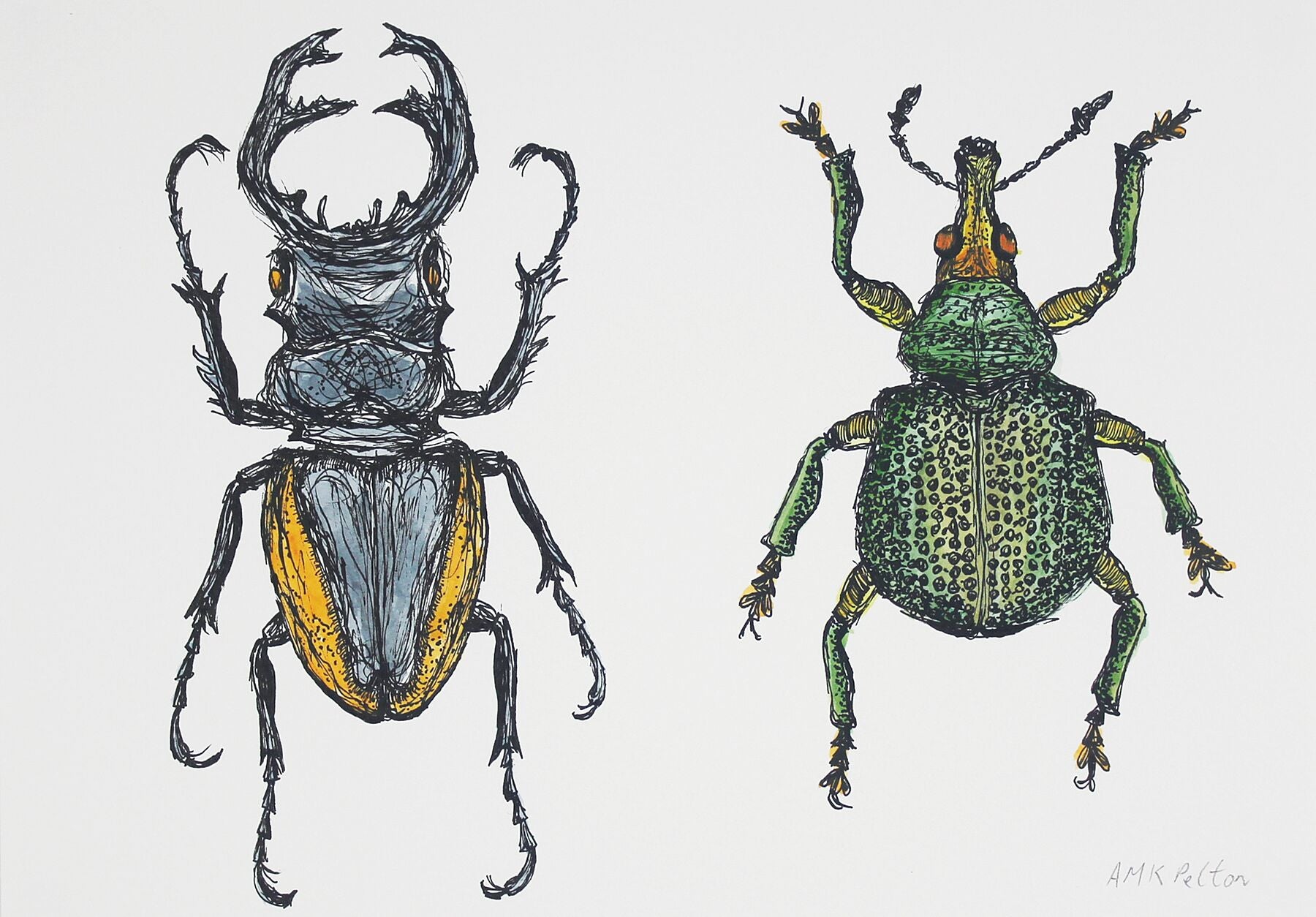 Taste 1 ink and watercolour painting by Maria Pelton showing insect as future food inspired by environmental pressures