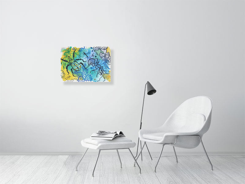 Playful 3 Giclée print A2 size by Maria Pelton showing colourful creatures inspired by mythic cave art