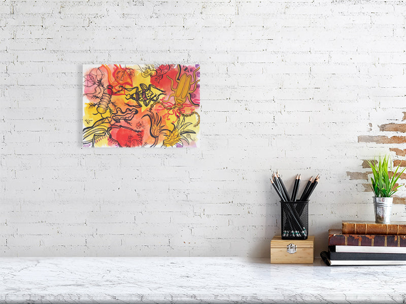 Playful 5 Giclée print A4 size by Maria Pelton showing colourful creatures inspired by mythic cave art