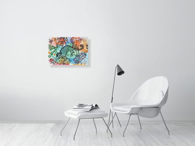 Playful 1 Giclée print A2 size by Maria Pelton showing colourful creatures inspired by mythic cave art