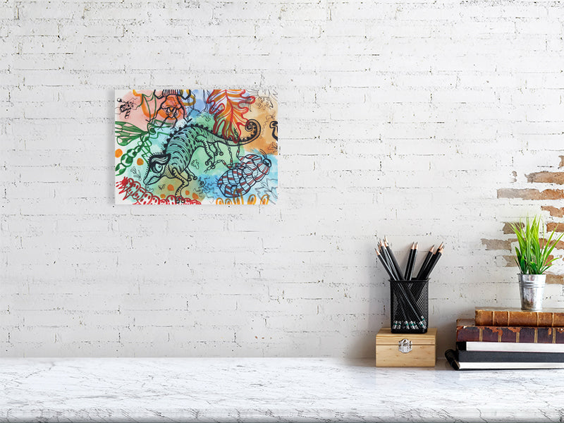 Playful 1 Giclée print A4 size by Maria Pelton showing colourful creatures inspired by mythic cave art