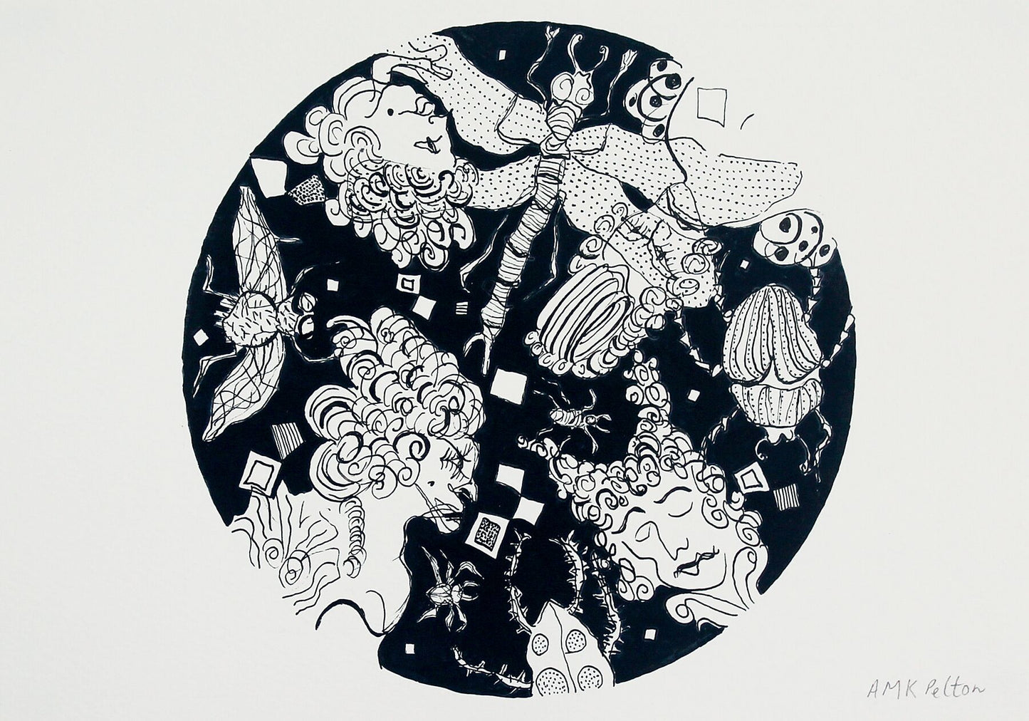 Ballroom Heads ink drawing by Maria Pelton showing whimsical insect character inspired by Baroque dress