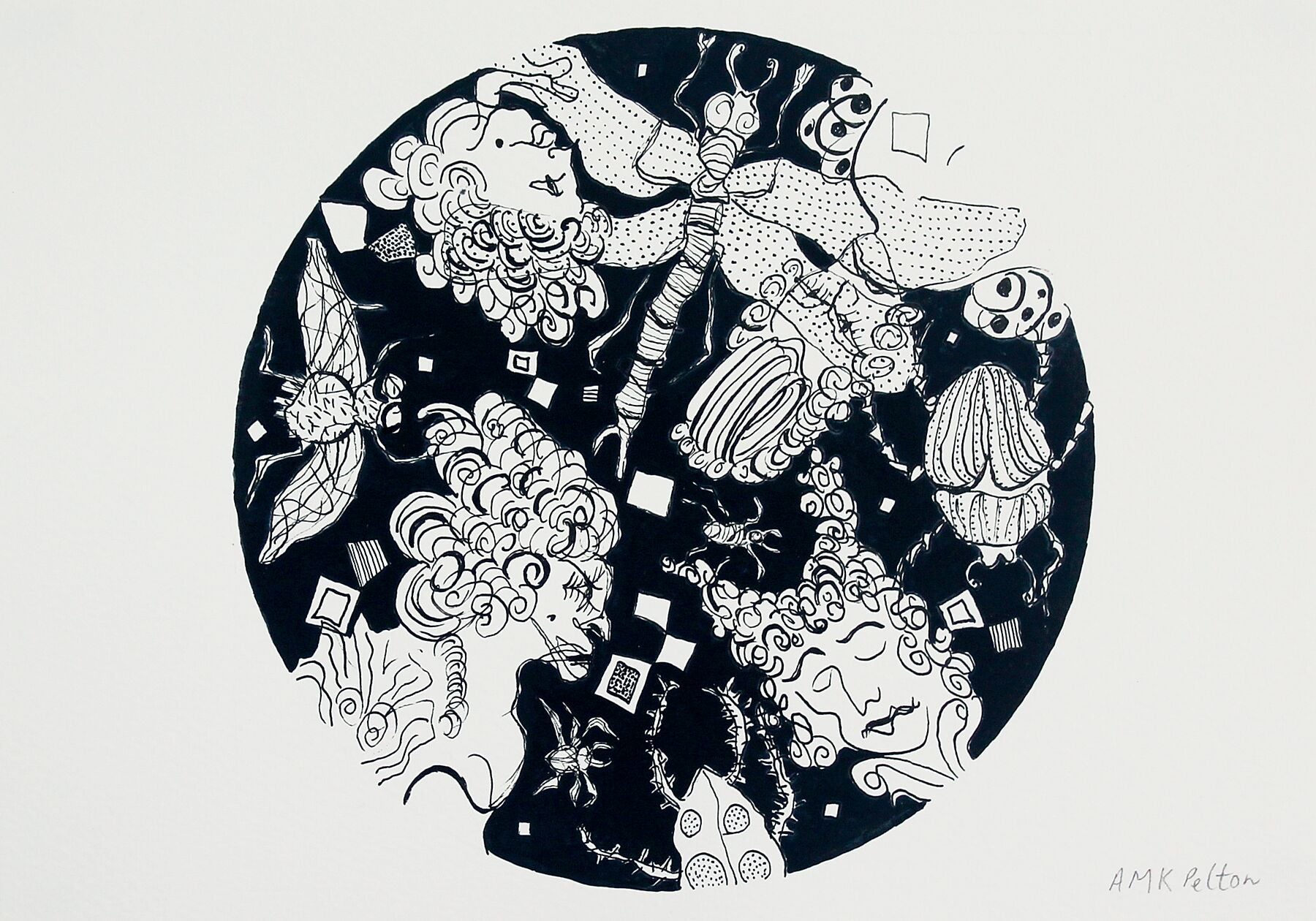 Ballroom Heads ink drawing by Maria Pelton showing whimsical insect character inspired by Baroque dress