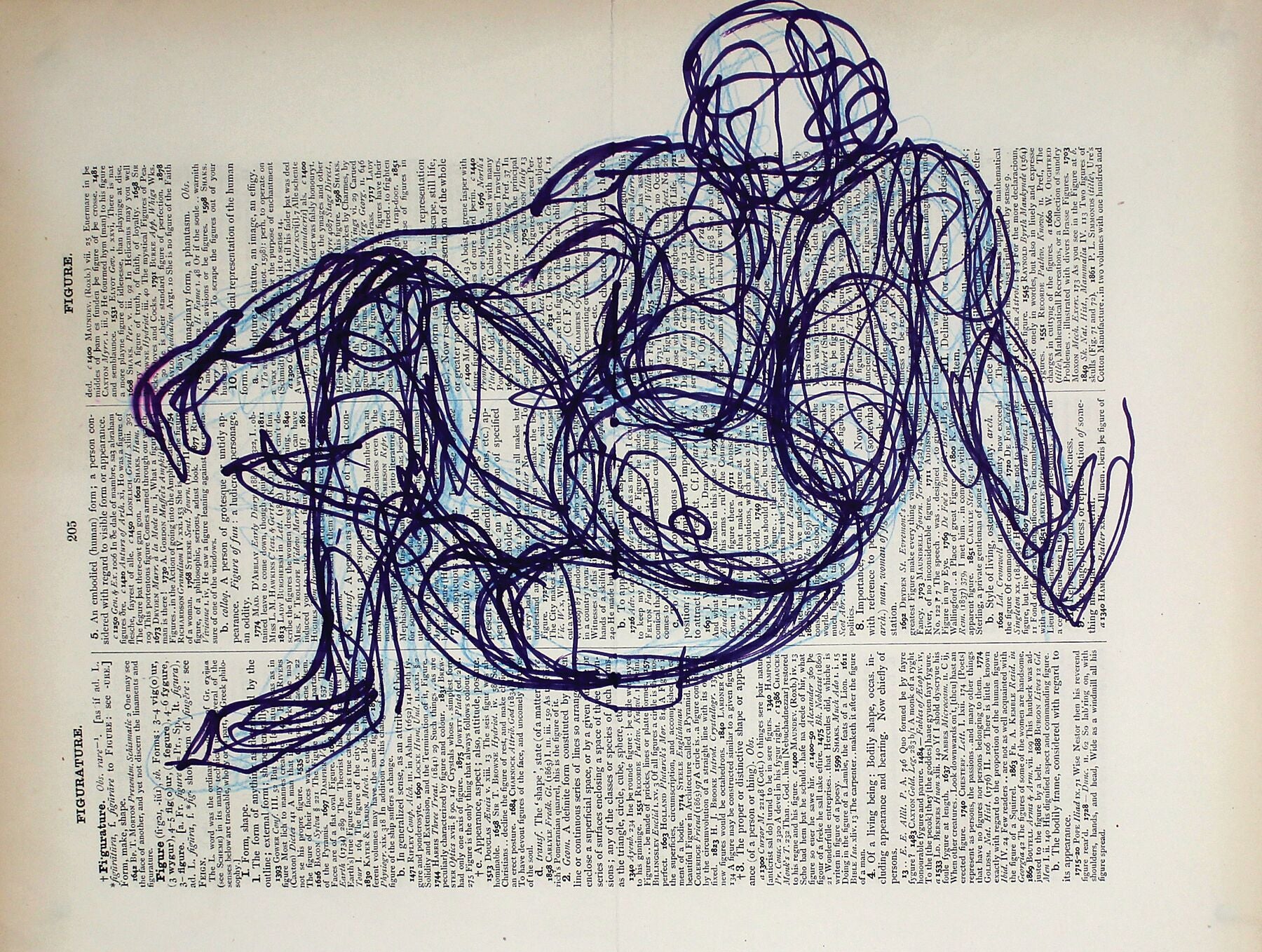 Figurative Figure original ink and pencil drawing, 33x26cm by Maria Pelton figurative drawing exploring language, text and visual communication inspired by the dictionary page. 

