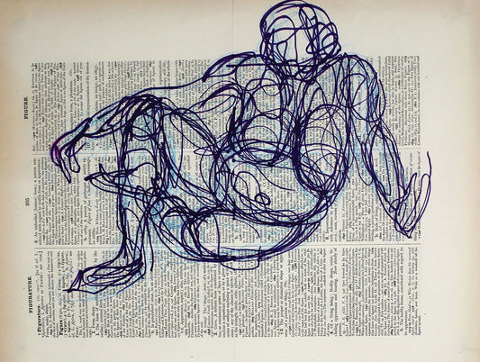 Figurative Figure original ink and pencil drawing, 33x26cm by Maria Pelton figurative drawing exploring language, text and visual communication inspired by the dictionary page. 

