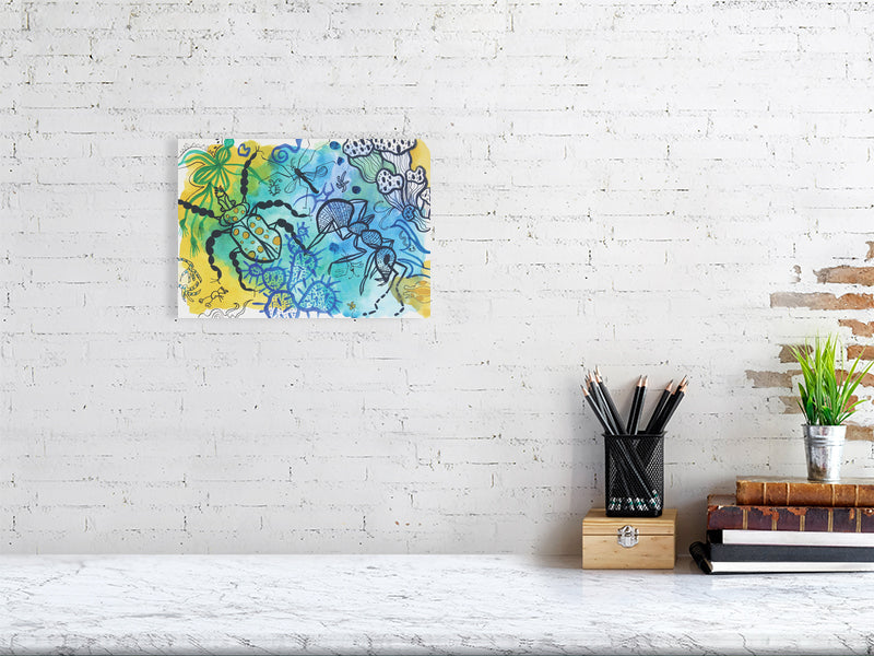 Playful 3 Giclée print A4 size by Maria Pelton showing colourful creatures inspired by mythic cave art