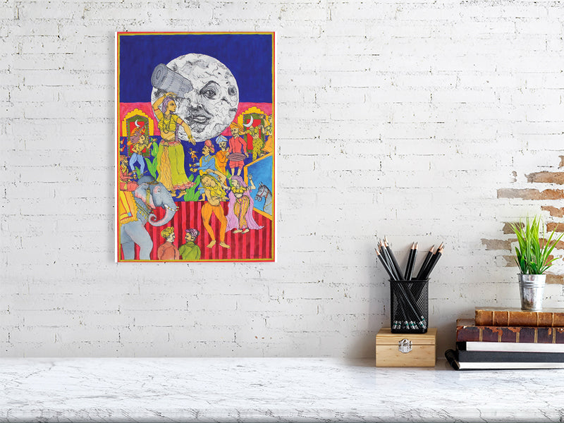 Celebration of the Moon Giclée print A3 size by Maria Pelton showing celestial beings in dance inspired by Indian paintings