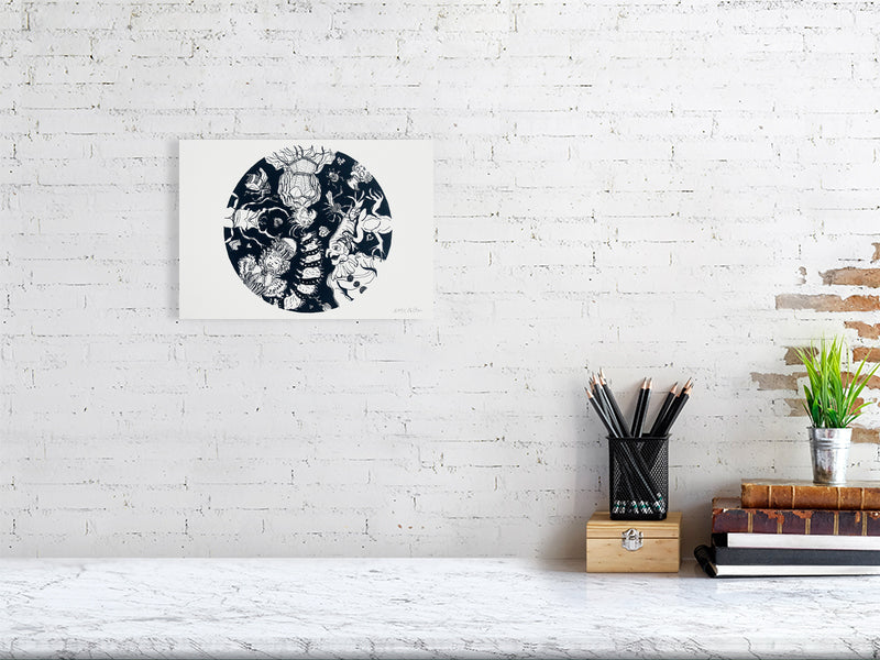 Ballroom Bodies Giclée print A4 size by Maria Pelton showing whimsical insect characters inspired by Baroque dress