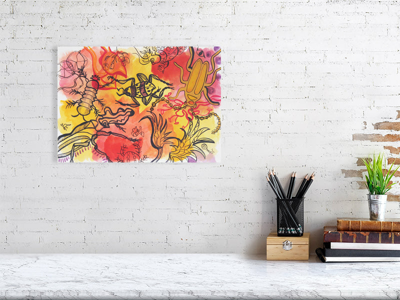 Playful 5 Giclée print A3 size by Maria Pelton showing colourful creatures inspired by mythic cave art