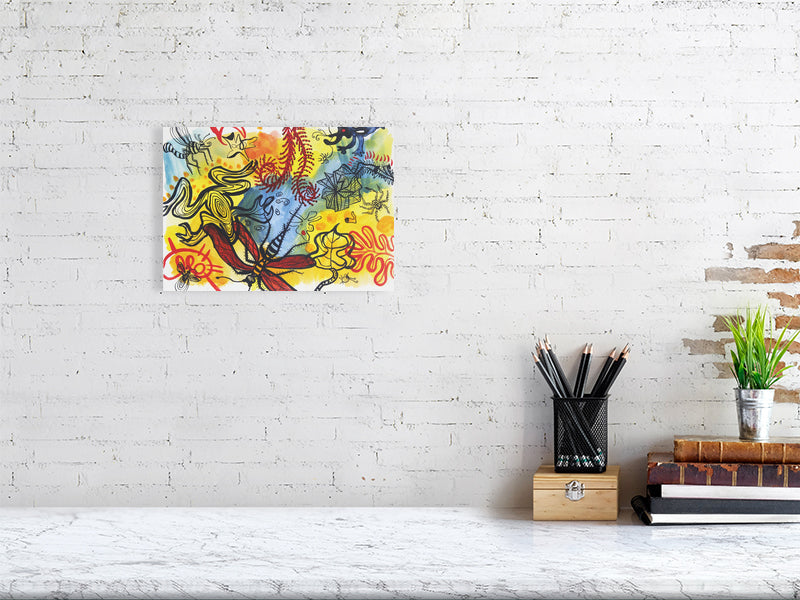 Playful 6 Giclée print A4 size by Maria Pelton showing colourful creatures inspired by mythic cave art