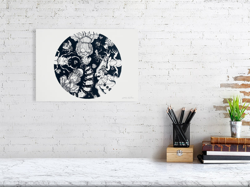 Ballroom Bodies Giclée print A3 size by Maria Pelton showing whimsical insect characters inspired by Baroque dress
