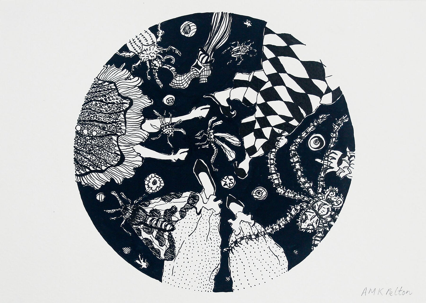 Ballroom Toes ink drawing by Maria Pelton showing whimsical insect character inspired by Baroque dress