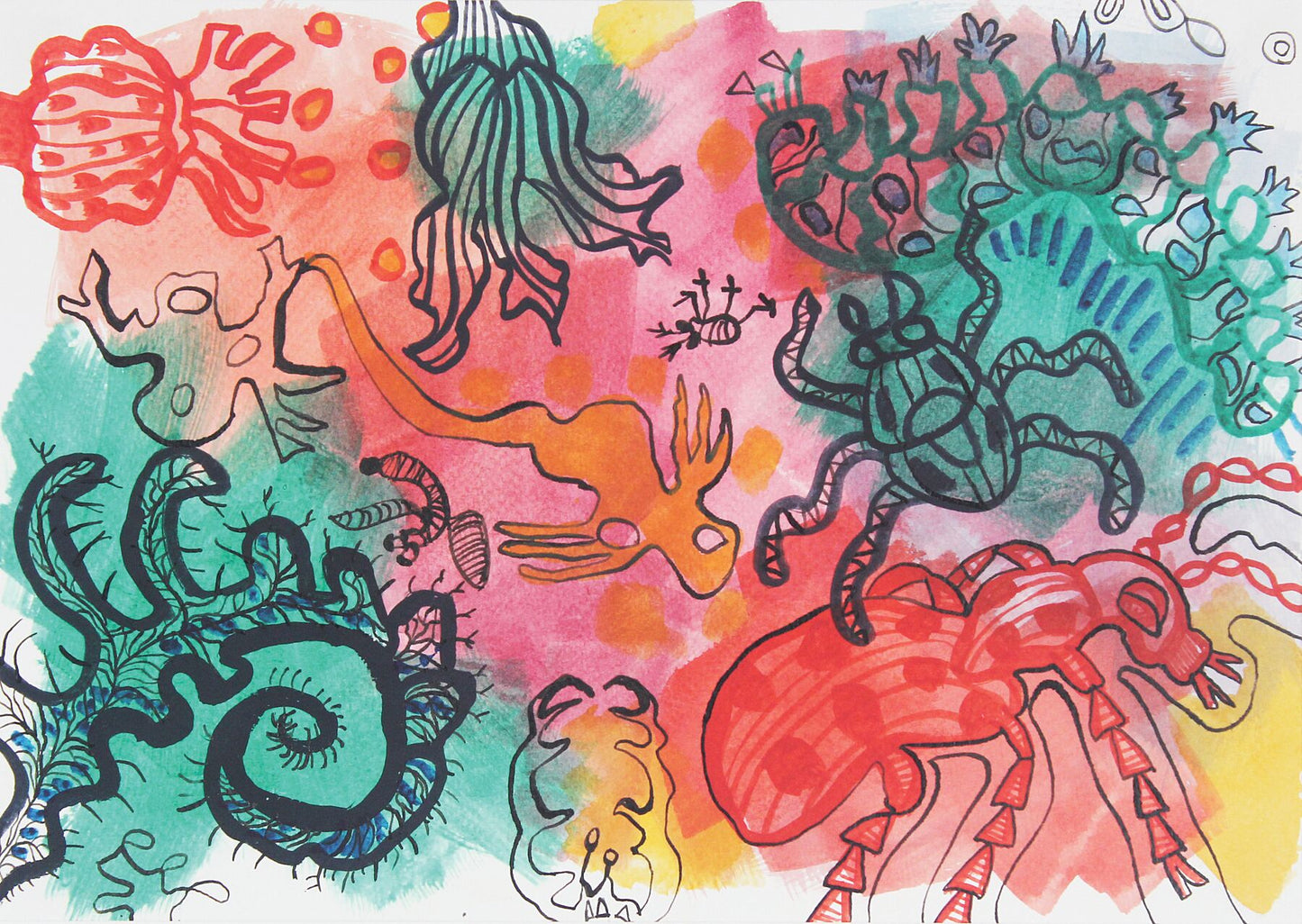 Playful 4 watercolour painting by Maria Pelton showing colourful creature inspired by mythic cave art
