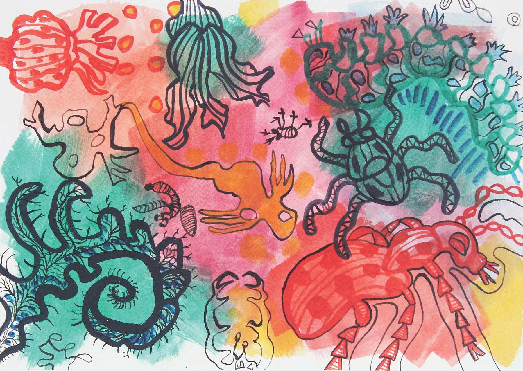 Playful 4 watercolour painting by Maria Pelton showing colourful creature inspired by mythic cave art