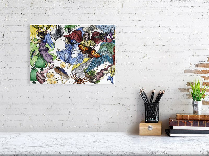 Ascent and Descent Giclée print A3 size by Maria Pelton showing airborne creatures inspired by movement and transformation