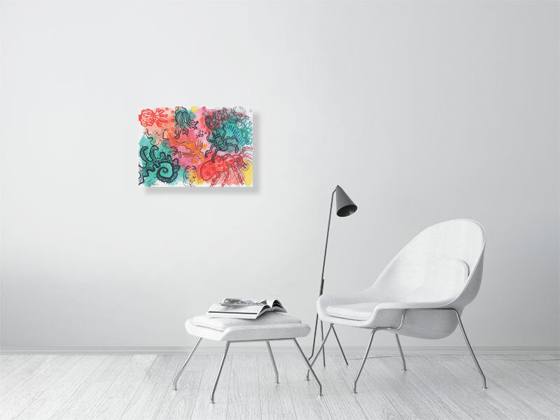 Playful 4 Giclée print A2 size by Maria Pelton showing colourful creatures inspired by mythic cave art