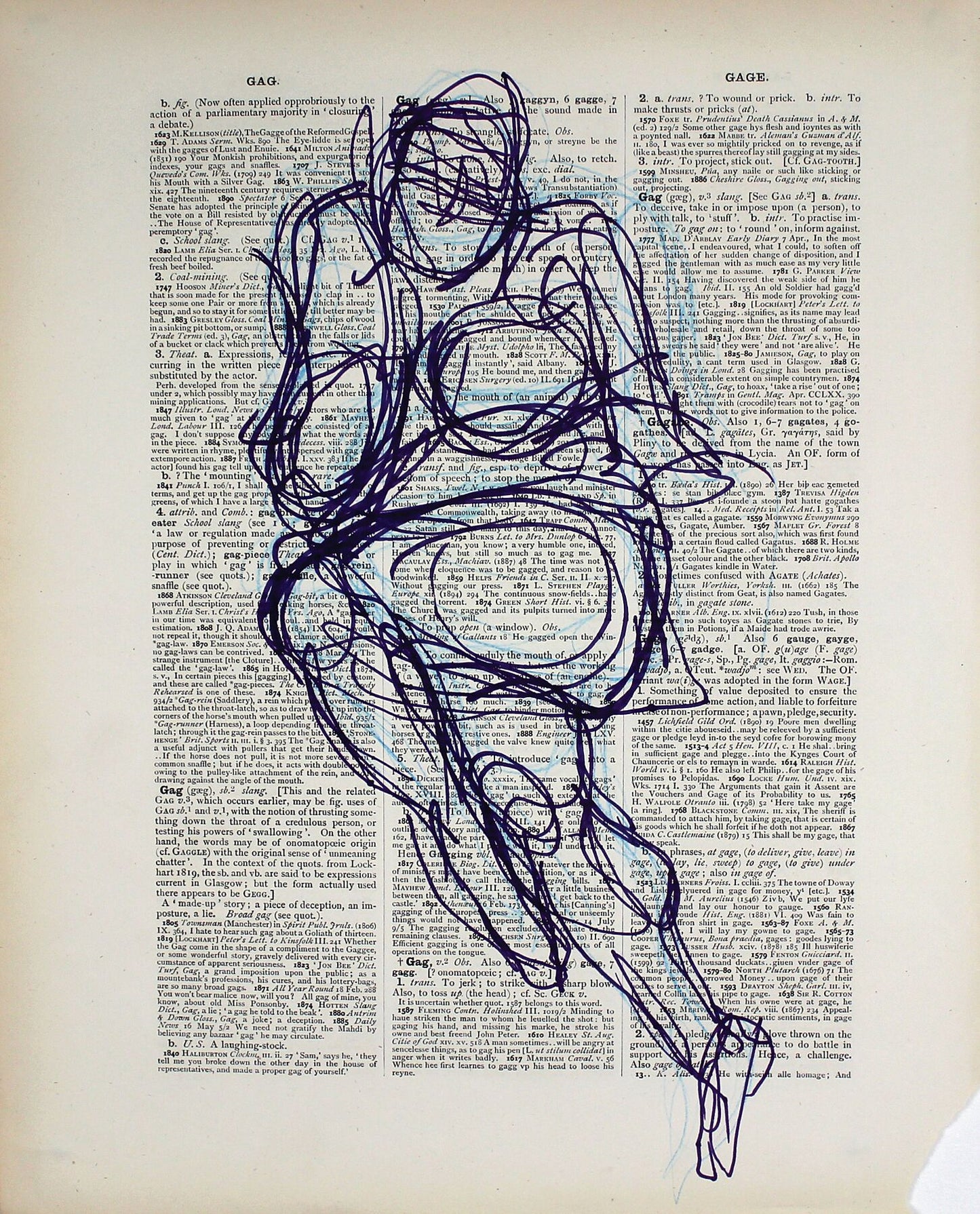 Gag & Gage original ink and pencil drawing, 26x33cm by Maria Pelton figurative drawing exploring language, text and visual communication inspired by the dictionary page. 

