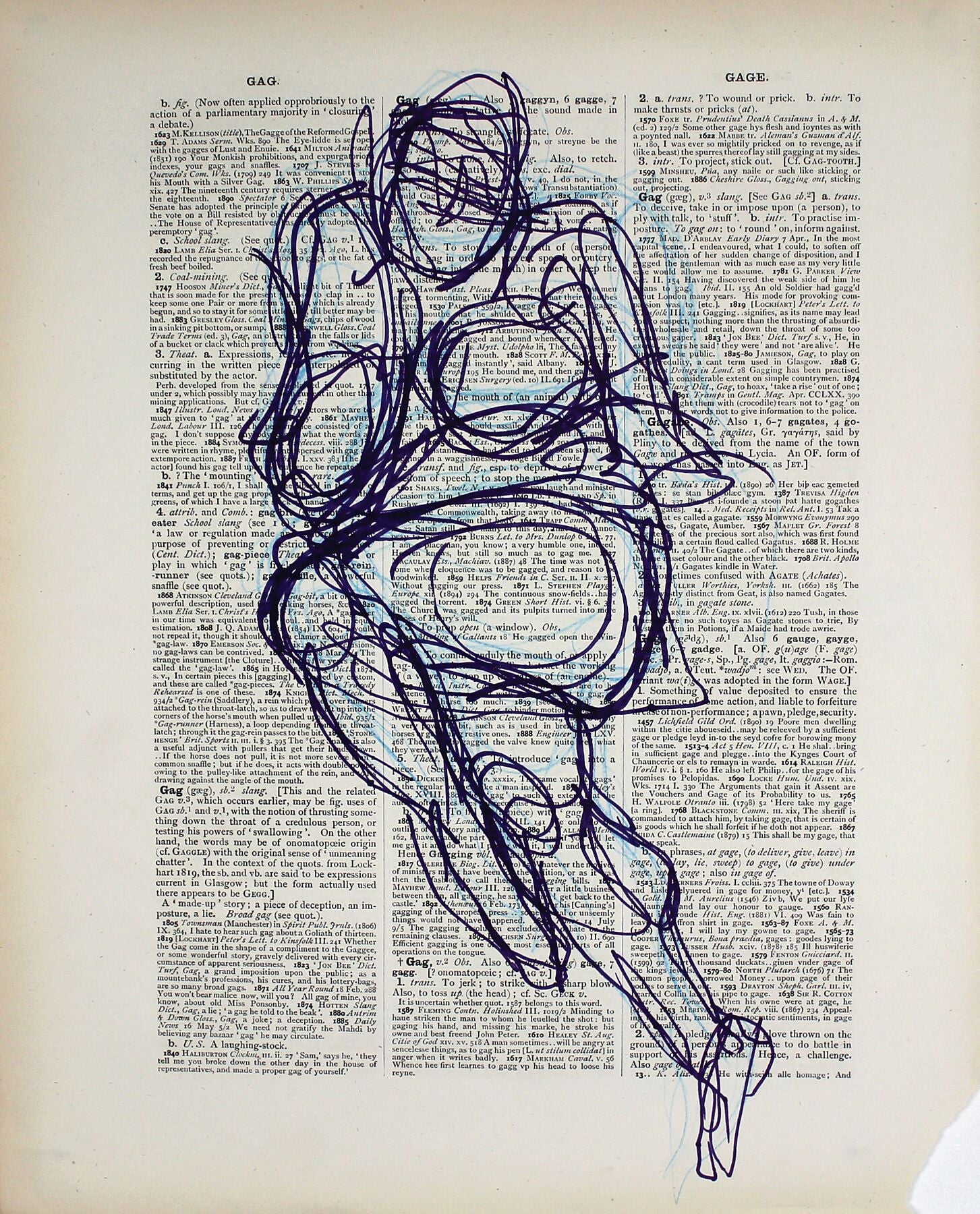 Gag & Gage original ink and pencil drawing, 26x33cm by Maria Pelton figurative drawing exploring language, text and visual communication inspired by the dictionary page. 


