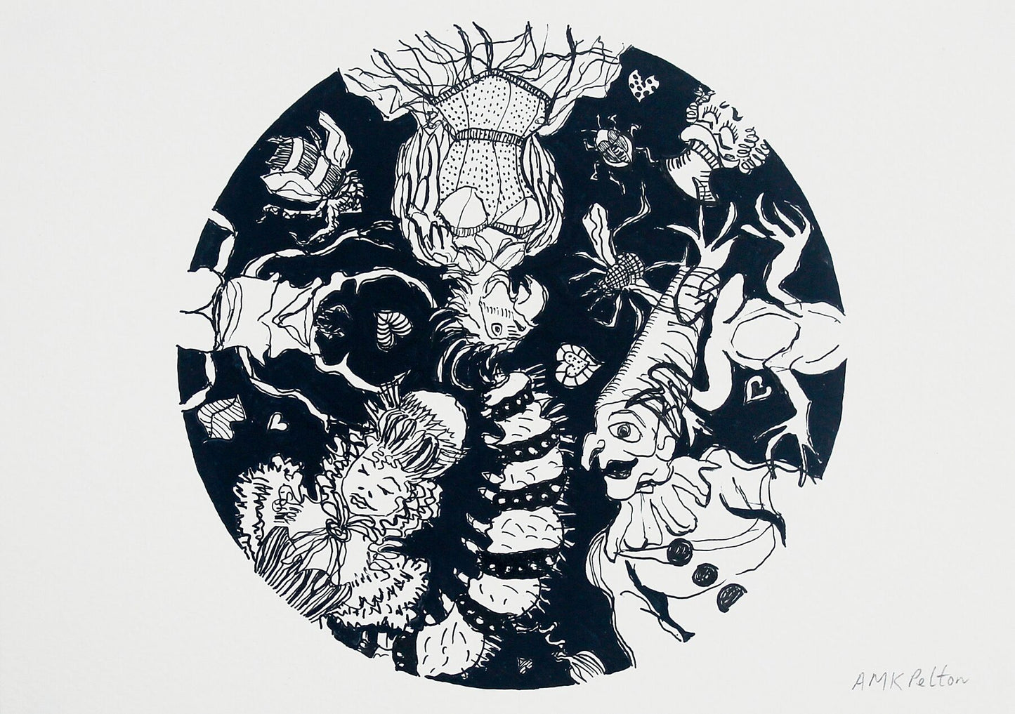 Ballroom Bodies ink drawing by Maria Pelton showing whimsical insect character inspired by Baroque dress