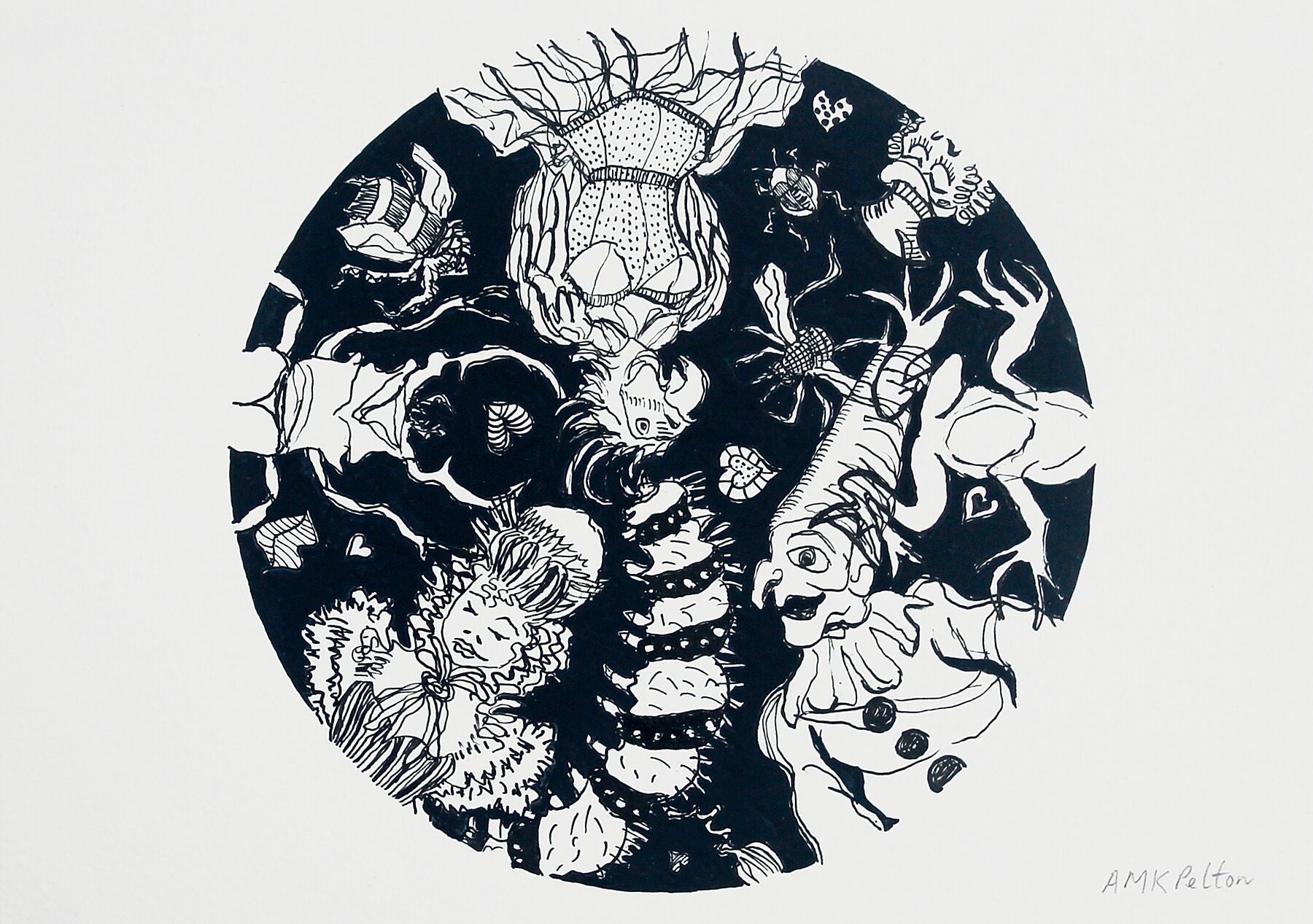 Ballroom Bodies ink drawing by Maria Pelton showing whimsical insect character inspired by Baroque dress