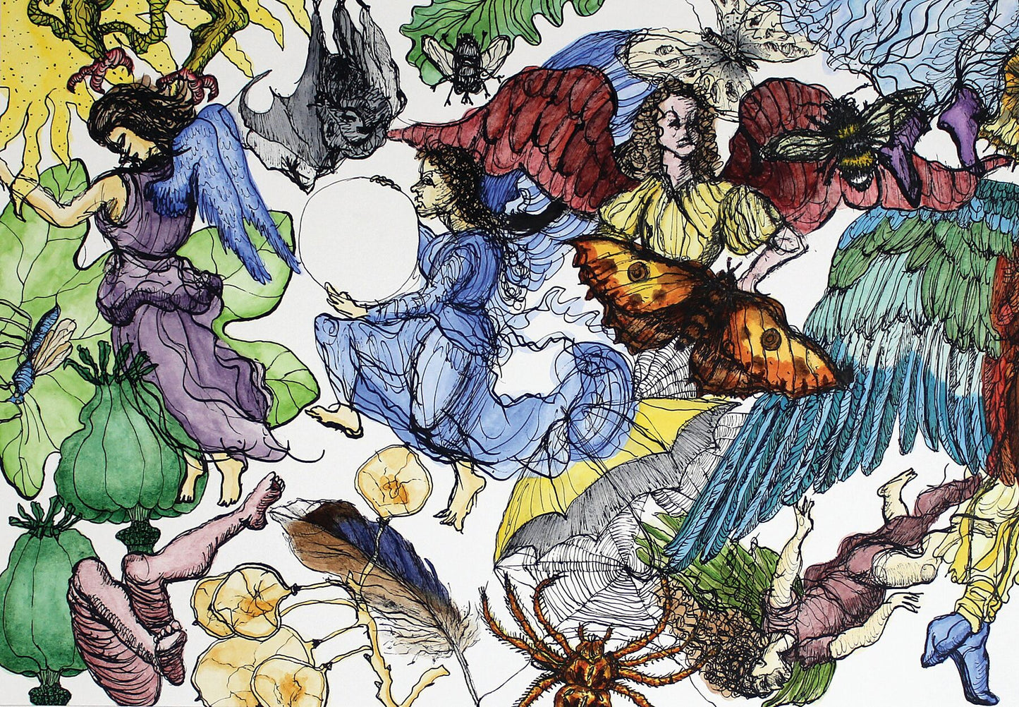 Ascent and Descent ink and watercolour painting by Maria Pelton showing airborne creatures inspired by movement and transformation