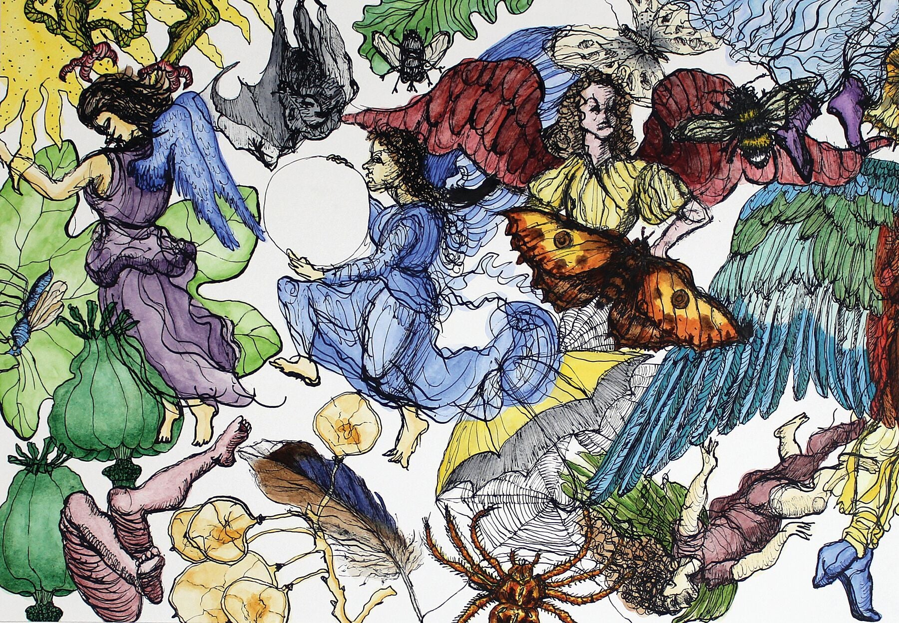 Ascent and Descent ink and watercolour painting by Maria Pelton showing airborne creatures inspired by movement and transformation