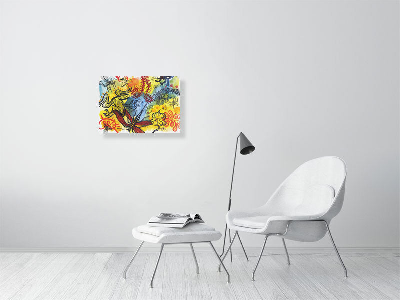 Playful 6 Giclée print A2 size by Maria Pelton showing colourful creatures inspired by mythic cave art