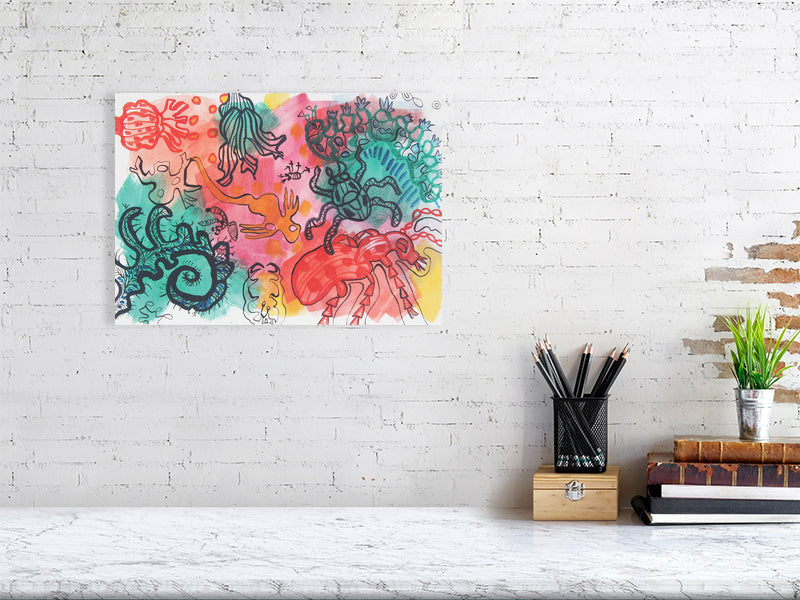 Playful 4 Giclée print A3 size by Maria Pelton showing colourful creatures inspired by mythic cave art
