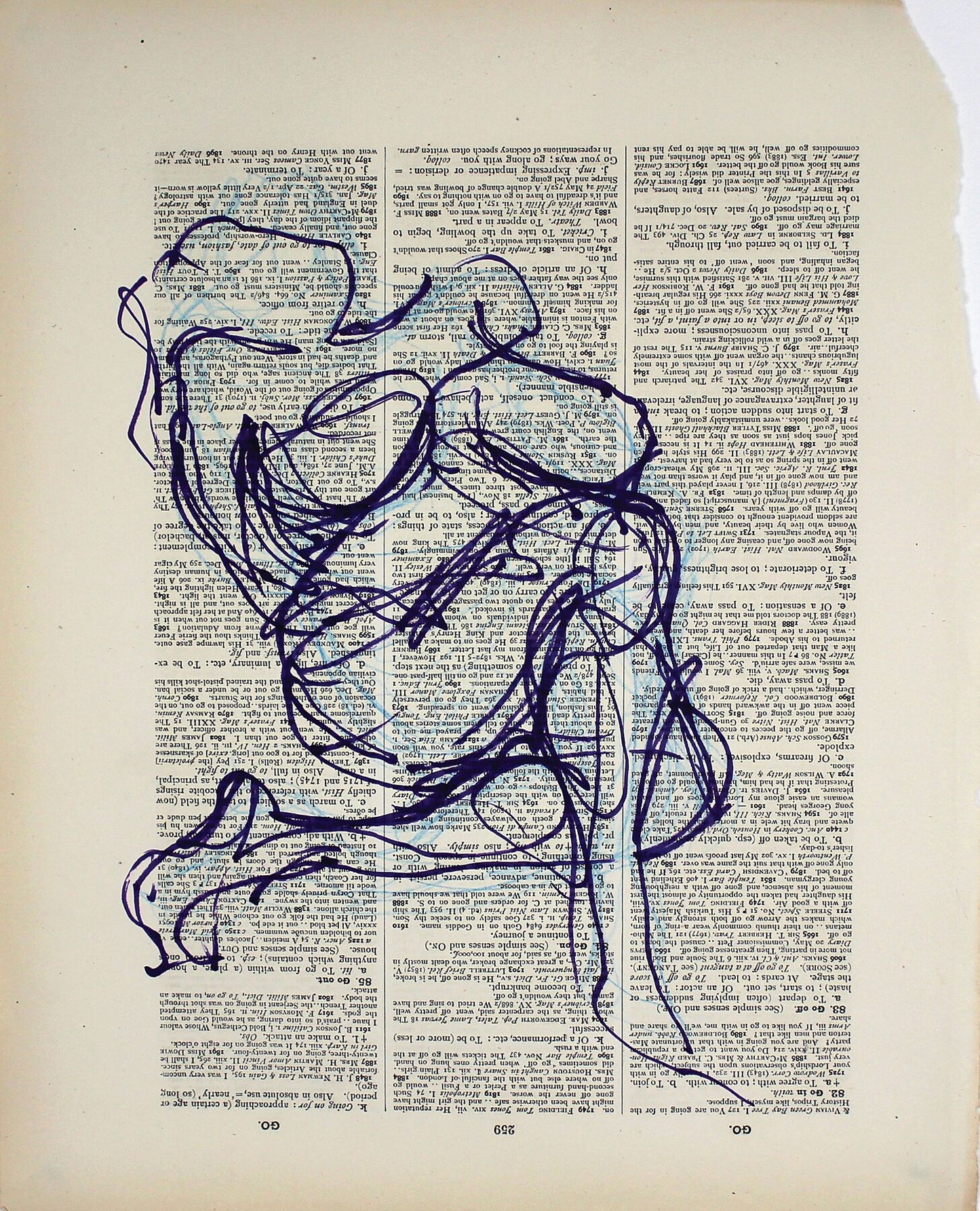 Go On original ink and pencil drawing, 26x33cm by Maria Pelton figurative drawing exploring language, text and visual communication inspired by the dictionary page. 
