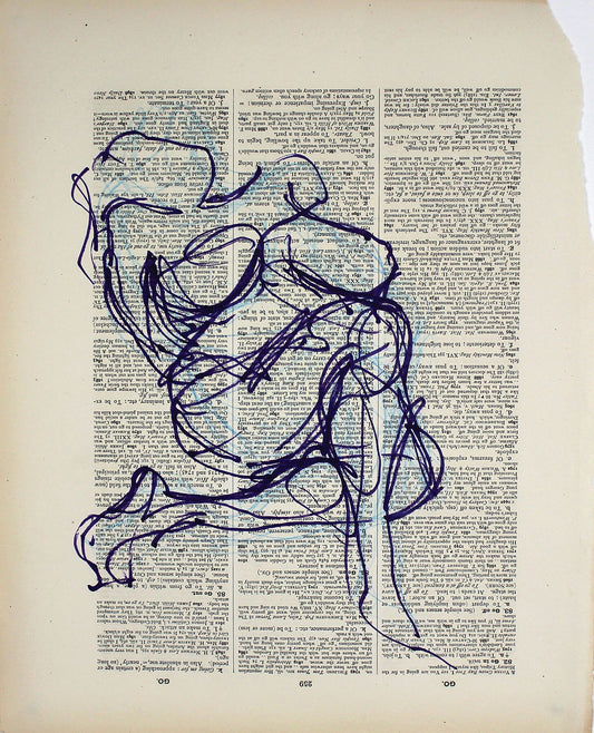 Go On original ink and pencil drawing, 26x33cm by Maria Pelton figurative drawing exploring language, text and visual communication inspired by the dictionary page. 
