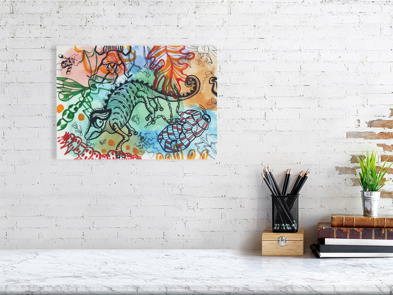 Playful 1 Giclée print A3 size by Maria Pelton showing colourful creatures inspired by mythic cave art