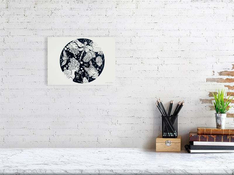 Ballroom Heads Giclée print A4 size by Maria Pelton showing whimsical insect characters inspired by Baroque dress