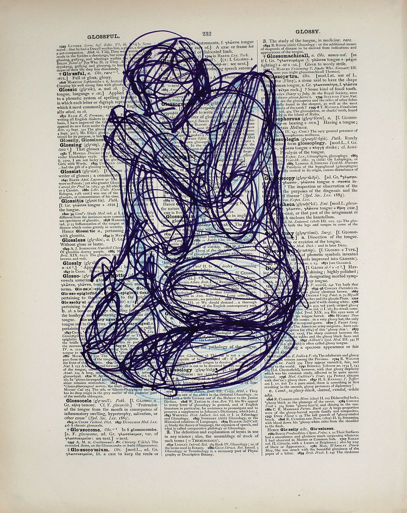 Glossful Glory original ink and pencil drawing, 26x33cm by Maria Pelton figurative drawing exploring language, text and visual communication inspired by the dictionary page. 

