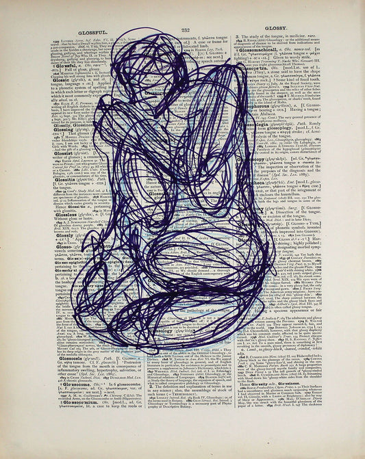 Glossful Glory original ink and pencil drawing, 26x33cm by Maria Pelton figurative drawing exploring language, text and visual communication inspired by the dictionary page. 

