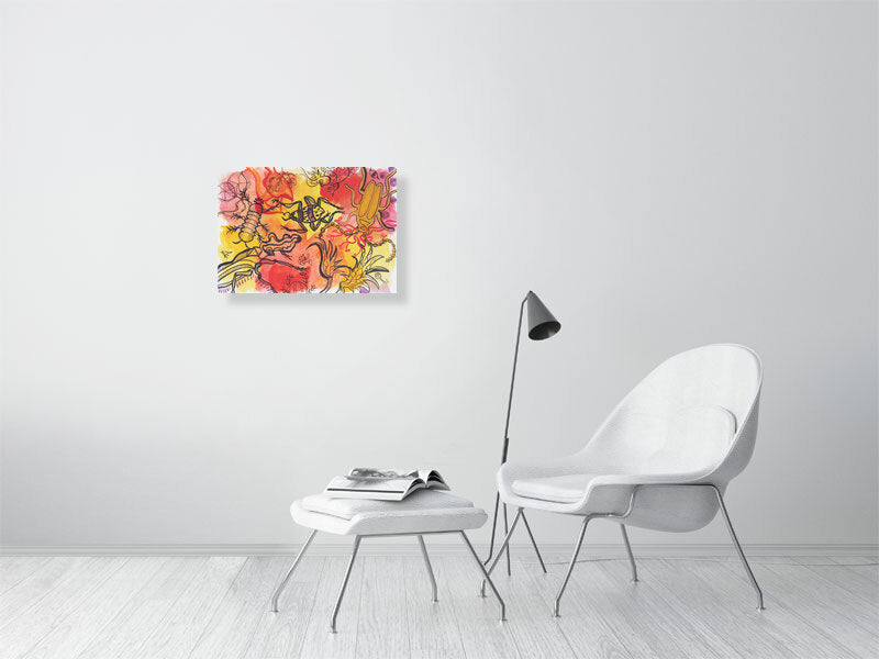 Playful 5 Giclée print A2 size by Maria Pelton showing colourful creatures inspired by mythic cave art