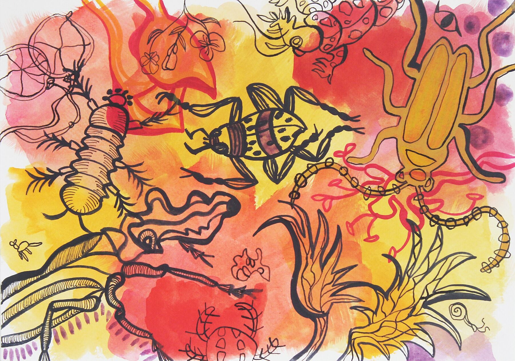 Playful 5 watercolour painting by Maria Pelton showing colourful creature inspired by mythic cave art