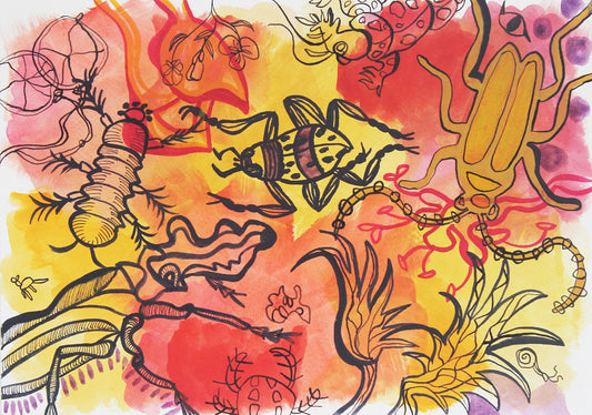 Playful 5 watercolour painting by Maria Pelton showing colourful creature inspired by mythic cave art