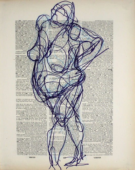 Glory & Gloss original ink and pencil drawing, 26x33cm by Maria Pelton figurative drawing exploring language, text and visual communication inspired by the dictionary page. 

