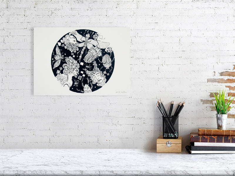 Ballroom Heads Giclée print A3 size by Maria Pelton showing whimsical insect characters inspired by Baroque dress